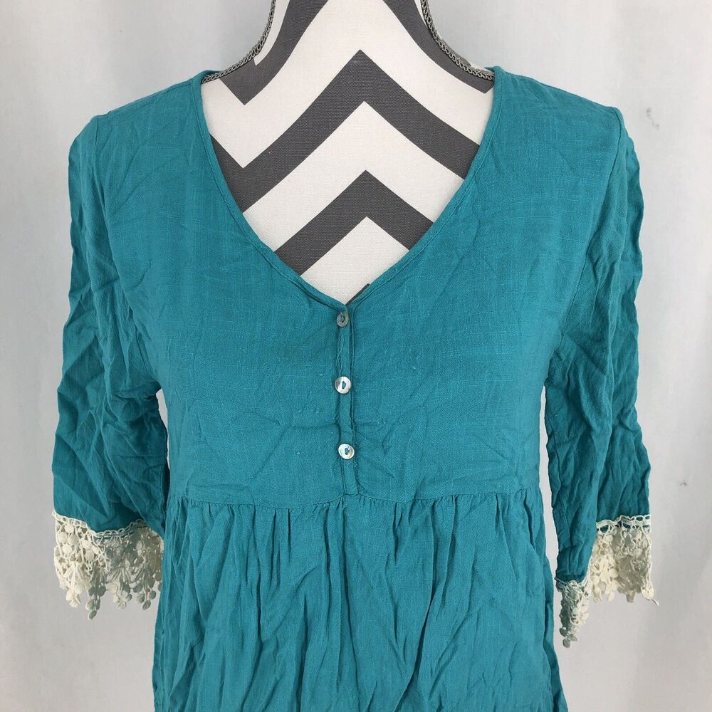 Umgee USA Blue Boho Tunic White Crochet Lace Trim Shirt Dress Small Oversized